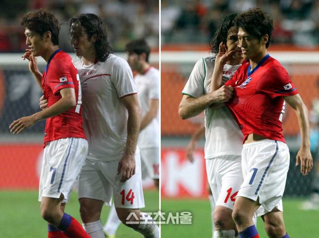 지난 2010년 이란과 경기에서 상대와 신경전을 펼치는 이청용. 스포츠서울DB