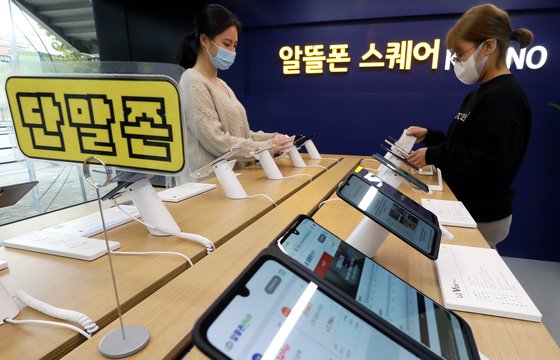 서울 서대문구 서대문역에 있는 알뜰폰 판매점에서 직원들이 핸드폰 진열대를 소독 및 정리하고 있다. [뉴스1]