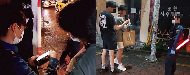 지난달 30일 홍대 문화공원(놀이터) 골목에서 마포 구청·경찰 합동 단속반이 불법행위를 단속 중인 모습. 왼쪽은 전동킥보드 헬멧 미착용으로 범칙금 부과하는 장면, 오른쪽은 마스크 미착용자에게 마스크 착용을 계도하는 장면이다. /최정석 기자