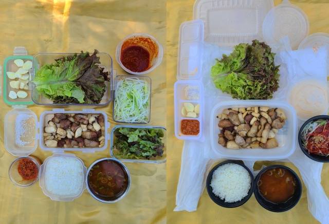 개인 용기를 직접 가져가 포장한 것(왼쪽)과 일회용기에 포장한 것(오른쪽)을 비교해봤어!