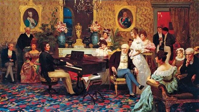 귀족의 살롱에서 연주하는 쇼팽, 큰 음량이 필요없는 작은 공간이므로 피아노 뚜껑(음향판)이 닫혀 있다. 헨릭 시에미라츠키 그림.