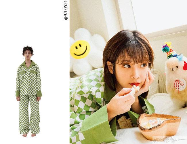 연두색 체크 패턴의 언플러그 파자마 세트를 선택한 러블리즈 유지애. 칼라, 상의 포켓, 팔목 부분 그린 컬러 포인트로 입고 보는 재미가 있다.
