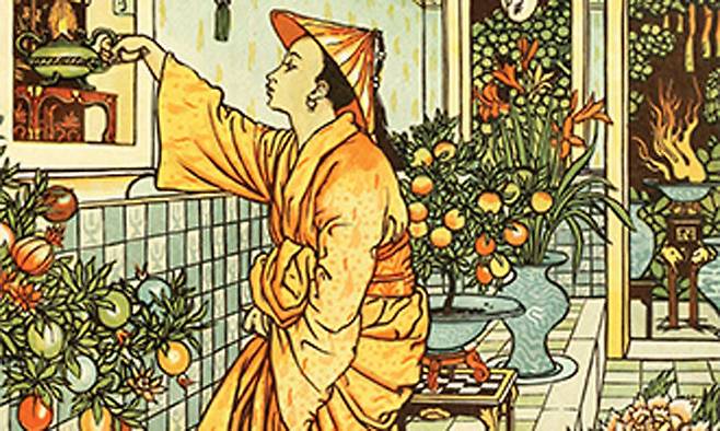 19세기 영국 삽화가 월터 크레인이 그린 알라딘 이야기 책의 삽화 속 알라딘은 중국, 혹은 동아시아 풍의 복장을 하고 있다.