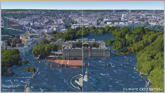 영국 런던의 버킹엄 궁, 평균기온이 1.5도 수준일 때의 모습(왼쪽)과 3도 올랐을 때 모습. 궁 3층 높이까지 물이 찬다. [기후변화연구 단체 기후 중심]