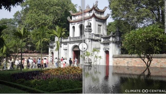 베트남 하노이 문묘의 현재 모습(왼쪽)과 지구 온도가 3도 올랐을 때의 모습(오른쪽). 클라이밋 센트럴 제공