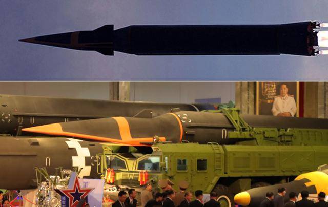 북한 조선중앙통신이 공개한 극초음속미사일 '화성-8형'의 9월 28일 시험발사 사진. 어두운 새벽에 실시된 데다 미사일을 역광으로 촬영해 제대로 된 형태가 보이지 않는다(위). 11일 개막한 국방발전전람회 '자위-2021'에 전시된 화성-8형. 밝은 조명 덕분에 미사일의 형태를 제대로 파악할 수 있다. 평양=조선중앙통신 연합뉴스