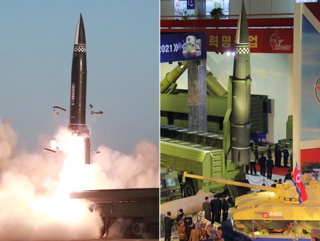 북한이 3월 25일 실시한 신형전술유도탄(KN-23 개량형) 시험발사 장면(왼쪽)과 11일 개막한 국방발전전람회 '자위-2021'에서 전시된 동일 기종 미사일. 평양=조선중앙TV·조선중앙통신 연합뉴스