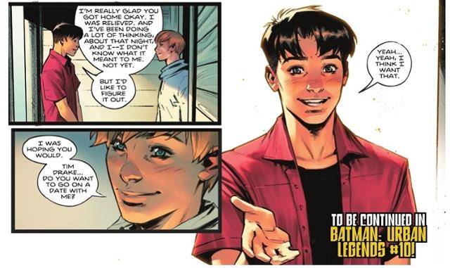 '배트맨:어번 레전드' 6편에 나온 장면. 배트맨의 파트너 로빈(팀 드레이크)을 양성애자로 설정해 "뜬금없다"는 비판을 받았다. 인터넷커뮤니티 캡처