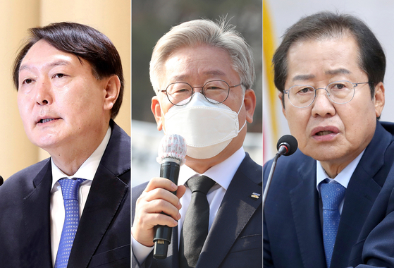 From left to right, former Prosecutor General Yoon Seok-youl, former Gyeonggi Governor Lee Jae-myung, and Rep. Hong Joon-pyo, presidential candidates of the ruling and opposition parties.