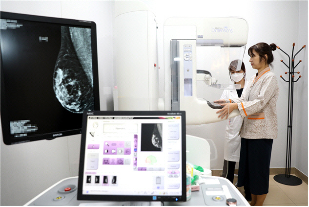 유방촬영술 검사 사진. 유방암 조기발견을 위해서는 40세부터 2년 간격으로 유방촬영술을 권고하고 있다.