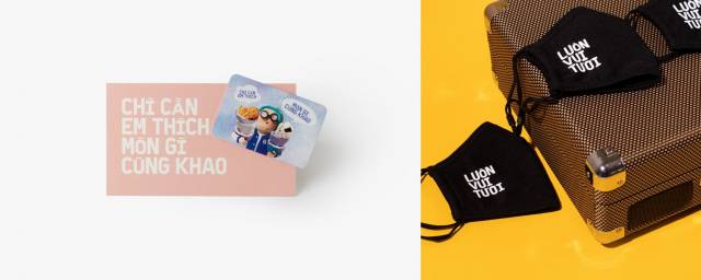 베트남 배민에서 선보인 기프트 카드와 마스크로, 기프트 카드에는 ‘당신이 좋아하면 어떤 음식이든 내가 쏠게(지 건 앰 틱, 몬 지 궁 카오)’, 마스크에는 ‘항상 기분 좋다(루온 부이 뜨어이)’라는 의미의 글귀가 ‘배민 다이엘체’로 쓰여있다./사진 제공=우아한형제들