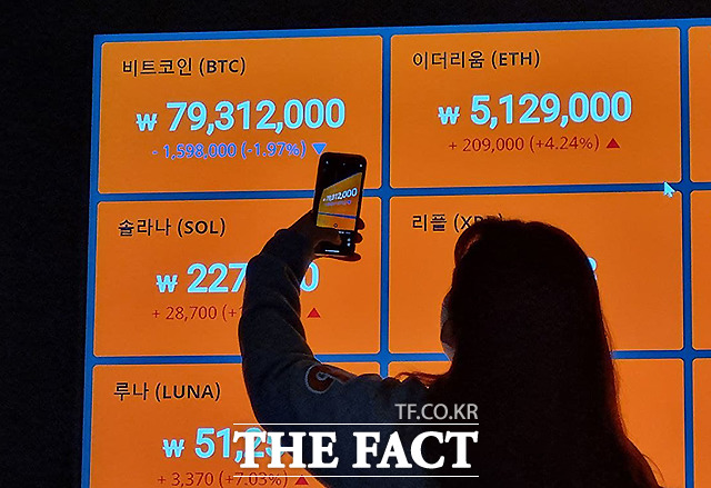 비트코인이 상장지수펀드(ETF) 출시 효과로 역대 최고가를 기록한 21일 서울 서초구 빗썸 고객지원센터 시황판에 비트코인이 7900만 원대로 거래되고 있다. /빗썸 제공