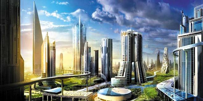 사우디아라비아의 신도시 개발 계획 ‘네옴’의 상상도. 올해 착공하는 네옴의 첫 도시 ‘더 라인’은 도로와 자동차를 없애고 모든 도시 인프라가 100% 신재생에너지로 운영되는 탄소제로 도시로 설계됐다. /인사이드 아라비아