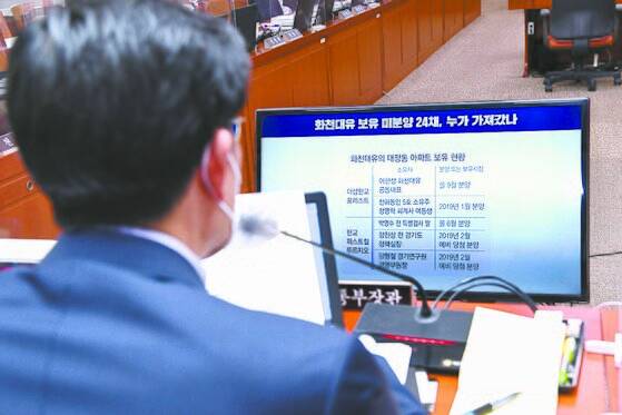 노형욱 국토부 장관이 21일 국회 국정감사에서 화천대유 관련 화면을 보고 있다. 임현동 기자