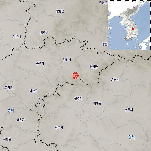 22일 오전 6시 51분께 규모 2.4 지진이 발생한 충북 제천시 남쪽 26㎞ 지역. [기상청 제공=연합뉴스. 재판매 및 DB금지]