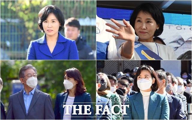 김혜경 씨의 헤어스타일에 변화가 있었다. 우측 상단 반시계방향 순서로 2018년 6월 경기도지사 선거 유세하는 모습, 2018년 11월 '혜경궁 김씨' 트위터계정 소유주 논란 관련 경기남부지방경찰청에 출석한 모습, 2021년 9월 이재명 당시 경기지사와 광주 미혼모시설 방문하고 나오는 모습, 2021년 10월 경남 양산시 통도사 행사에 참석한 모습. /임세준 기자·뉴시스