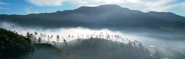 원주 치악산국립공원사무소에서 시작한 치악산 둘레길 3코스 ‘수레너미길’의 종착 지점인 태종대 쪽에서 본 횡성 강림2리의 이른 아침 풍경. 치악산 발치에서 피어난 안개가 마을과 구릉을 흘러가고 있다. 정면으로 보이는 산은 치악산국립공원에 속한 횡성의 배향산이다.