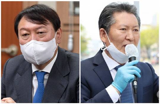 윤석열(왼쪽) 국민의힘 대선 후보와 정청래 더불어민주당 의원. 연합뉴스