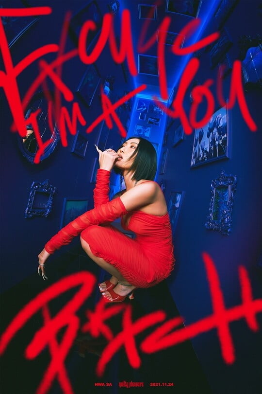 Hwasa presented a LyricFind poster for the title song Im a Light (Amma Light) for her second single Guilty Pleasure (Gilty Pleasure) on the official SNS today (19th).In the public poster, Hwasa is creating a deadly atmosphere with styling that matches shoes with a red dress.I gave a unique nail point to the one-headed hair that sat down calmly, doubling Hwasas unique charm.Especially in the narrow corridor decorated with mysterious flower frames, highlights are concentrated only on Hwasa.Like the light that engulfs the shadows, only Hwasa shines alone in the dark space, adding to the expectation for the new song Im a light.As such, Hwasa has raised the curiosity about Shinbo by showing the contents that cover the chic charm from the classic mood on the theme of Guilty Pleasure which means the act of enjoying while feeling guilty.Hwasa will release her single Guilty Pleasure on Monday.Shinbo has a message that he can be free when he acts as he is led by his desire in the emptiness of the more he greeds for perfection.The title song was Im a Light (amma-light), which Hwasa wrote himself a song.Hwasas first collaboration with foreign producers, and the title of Swit and Maria, which presumpts the birth of another hit.In addition, Guilty Pleasure will be the best synergy with Hwasa by participating in the songs FOMO and Bless U which are RBW hit maker Park Woo-sang who has been breathing with Hwasa for a long time.Hwasa also participates in the composition and lyric of Bless U and demonstrates his deeper musical ability.Meanwhile, Hwasas second single album Guilty Pleasure will be released on various music sites at 6 pm on the 24th.