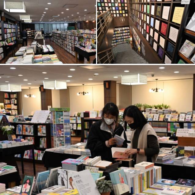 문우당은 등갓이나 1층과 2층 사이 계단을 활용하여 책 문구를 전시했다. 천장의 등갓은 책을 보기 좋은 빛을 만드는 효과도 있다.