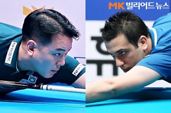 21일 밤 경기도 고양시 소노캄고양에서 열린 휴온스PBA챔피언십 16강서 나란히 승리한 (왼쪽부터)조재호, 다비드 사파타.