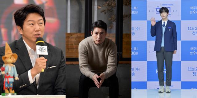 김수로 정우성 김요한(왼쪽부터 차례로)이 코로나19 확진 소식을 전했다. 한국일보 DB, 아티스트컴퍼니, KBS 제공