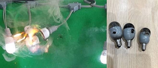 전통사찰의 연등에 LED 전구를 사용하다 과부하와 제품불량 원인으로 아크 화재가 발생하는 장면(왼쪽)과 이로 인해 불타버린 전구 <의정부 소방서 제공>