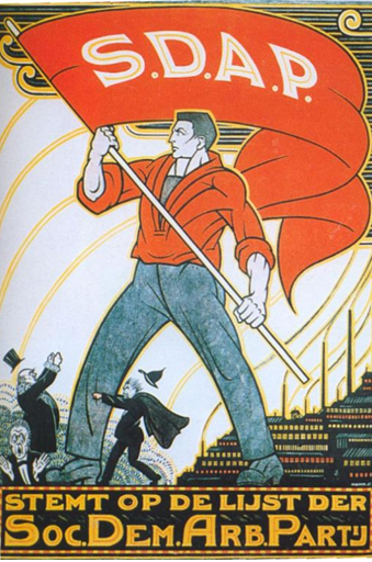 ▲20세기 초반 네덜란드 노동당의 전신인 사회민주주의노동당의 선거포스터, 붉은 깃발을 든 당당한 노동자, 그리고 그 밑에 노동자들을 저지하는 자본가, 공포에 떠는 자본가가 있는 전형적인 포스터 (사진 제공: 장광렬)