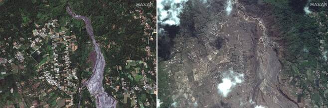 맥사 위성으로 촬영한 스메루 화산 인근 지역 마을의 모습. 2년 전과 달리 현재는 화산재 등으로 영향으로 회색 지역으로 변했다. 사진=maxar