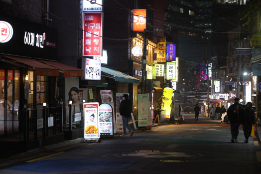 강화된 새 방역조치 발표를 하루 앞둔 지난 15일 오후 서울 마포구의 식당가 거리가 한산한 모습이다. (사진=연합뉴스)