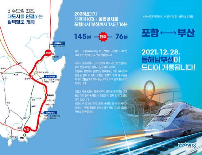 포항~부산간 동해남부선이 28일 착공 18년 만에 개통된 가운데 이를 알리는 이미지 광고 컷