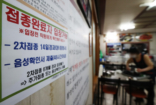 경기도 수원시 한 식당에 붙어 있는 방역패스 안내문. <연합뉴스>
