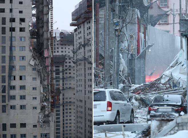 11일 오후 4시께 광주 서구 화정동에서 신축 공사 중인 고층아파트의 외벽이 무너져내렸다. 연합뉴스