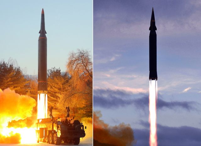 북한이 전날 극초음속 미사일을 시험 발사했다고 조선중앙통신이 지난 6일 보도했다. 앞서 북한은 지난해 9월 28일 새로 개발한 극초음속 미사일 화성-8형 시험발사를 처음으로 진행했다고 밝힌 바 있다. 사진은 전날 발사한 극초음속 미사일(왼쪽)과 작년에 발사한 화성-8형(오른쪽)으로, 탄두부 모양이 다소 다른 모습이다. 연합뉴스