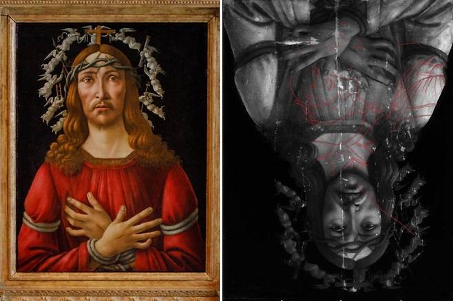 르네상스 시대의 대표 화가인 산드로 보티첼리(1445~1510)의 작품 ‘그리스도’(Man of Sorrows, 왼쪽)와 해당 작품에서 발견된 숨겨진 드로잉(그림 속 붉은 선)