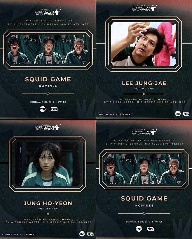 The Netflix original series Squid Game (played by Hwang Dong-hyuk) which became the worlds first major film and box office hit last year was selected as the first non-English-speaking drama and the 28th American Actors Guild Awards (SAG) for the first time in Korean dramas.The American Actors Guild released its lineup of nominees and actors for this years awards ceremony on the 12th (local time), especially the eye-catching part of Squid Games brilliant performance.Squid Game was named in four categories, including the Ensemble Award, the Best Actor Award (Lee Jung-jae), the Best Actress Award (Jung Ho-yeon), and the Stunt Ensemble Award, in the Actors Guild Award for TV Drama this year.The American Actors Union Award is an awards ceremony held by the actor union, the worlds largest actor union, and awards the best actors in movies and dramas.The Actors Guild Award is considered to be one of the four association awards along with the Producer Guild Award (PGA), Directors Guild Award (DGA), and Writers Guild Award (WAG). In 2020, Presidian (19, directed by Bong Joon-ho) won the Best Honored Film Award in the Best Actors Guild Award. In 2021, Yoon Yeo-jung of Minari (director Jung Isak) won the Best Supporting Actress Award in the Film category, receiving attention from both domestically and around the world. ...Squid Game, which was called the most seen show in the world last year, is the second challenge for Korean ensemble after parasite and the third challenge as a Korean actor after Yoon Jung.In particular, it was the first time in the Korean drama series that the actor union was nominated for the first time and the non-English drama was nominated for the first time.In addition to the Squid Game, the ensemble award, which is called the actor union award, was nominated for Handmaze Tail, Morning Show, Session and Mellow Stone.Lee Jung-jaes best actor actor is Brian Cox of Sections, Kieran Culkin and Jeremy Strong, and Billy Kruddup of Morning Show.The best actress Jung Ho-yeon has been nominated by Jennifer Aniston of Morning Show, Elizabeth Moss of Handmaze Tail, Sarah Snook of Seok Seth and Liz Witherspoon of Morning Show.Finally, the stunt ensemble prize will be competed with Squid Game, Cobra Kai, Falcon and Winter Soldier, Rocky and Mare of East Taum.Lee Jung-jae, who is challenging the first Korean male actor to win the Best Actor Award for Best Actor in the US, said, I am so glad to be nominated for the Squid Game actors and ensemble.The precious moments that I had sweated with them, which played the extreme situation by shooting six games, are clear to my memory.In those memories that will never be forgotten, the ensemble part will be remembered as tears of precious impressions. He also gave a lecture to the ensemble candidate and said, It is an honor to be named as a good actor and candidate. It is a great joy to me.I will share the glory of the nominator with the fans of Squid Game who believe in justice and warm human love. In this years actor association award, Squid Game is expected to win quite a high award.Oh Young-soo of the first Korean actor Squid Game won the Best Supporting Actor Award in the TV category at the 29th Golden Globe Awards ceremony held on the 9th.Prior to this, Squid Game was selected as the winner of the Breakthrough Series-over 40 minutes category for the first time in Korean content at the 31st Gotham Awards held last year, and was selected as the winner of the years Bingeworthy Show of 2021 category at the 2021 Peoples Choice Awards. The trophy is being collected with a terrifying momentum, including being selected as a special prize in the TV category of the year hosted by the Institute (AFI).Given this momentum, it is also highly likely that the actor association award of Squid Game will be awarded.Above all, Squid Game is expected to be a winner as it is a work that attracted attention to the best ensemble of actors and crew immediately after the release.Meanwhile, the 28th American Actors Association Award will be held on February 27th.