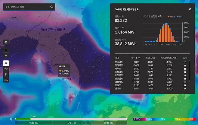 식스티헤르츠가 무료로 공개한 ‘햇빛바람지도’ 캡처 화면. 전국에 흩어진 8만여 재생에너지 발전소의 위치와 발전량 예측 데이터를 확인할 수 있다.