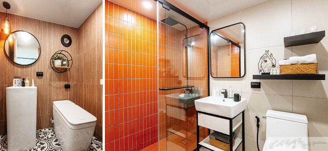 다른 패턴과 컬러의 타일만으로 색다른 분위기를 연출한 욕실 두 곳.