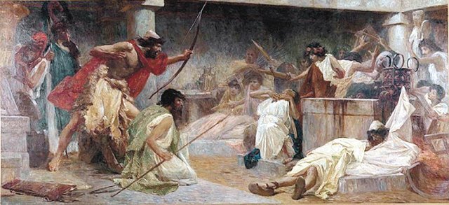 벨라 치코시 세시야가 그린 ‘구혼자를 죽이는 오디세우스’. 거지로 변장한 오디세우스가 활 경기를 벌여 아내를 차지하려는 구혼자들을 처단하고 있다. 위키피디아 제공
