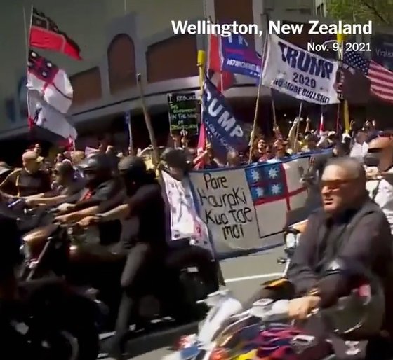 지난해 11월 9일 뉴질랜드에서 벌어진 백신 접종 의무화 반대 시위에 등장한 트럼프 지지 깃발. [트위터 캡처]