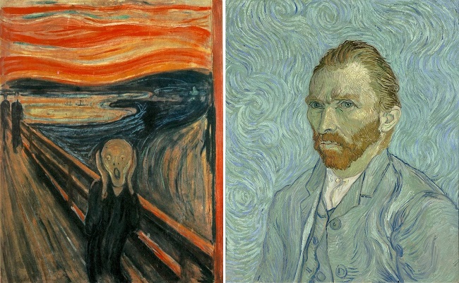 왼쪽은 에드바르트 뭉크의 `절규(The Scream)`(판지 위에 유채·템페라·파스텔·크레용, 73.5×91㎝, 1893). 오른쪽은 빈센트 반 고흐의 `자화상(self-portrait)`(캔버스에 유채, 65×54㎝, 1889). 이들은 개인적인 경험에서 비롯된 보편적 감정을 작품에 담아내 많은 이의 공감을 불러일으켰다. /사진 제공=노르웨이 오슬로국립미술관·프랑스 오르세미술관