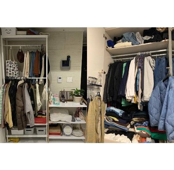 이시현(좌) 이채윤(우) 옷장. 이시현 씨는 에코백 등의 친환경 의류를 선호한다. 이채윤 씨는 패션에 관심이 많아 150벌 넘는 옷을 보유하고 있다.