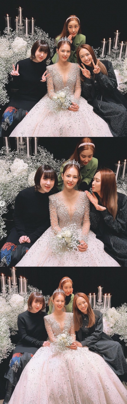 Singer Seo In-young has unveiled Kim Eunjungs wedding commemorative group Jewelry Full.Seo In-young posted on his personal SNS on the 17th, Today, our most beautiful Eunjung in the world! Congratulations ~ Happy! # My sisters shed tears and # Eunjung does not shed tears.In the photo released together, Kim Eunjung wearing a pure white wedding dress in the brides waiting room and Seo In-young, Park Jung-a and Ha Ju-yeon pose next to it are shown.A friendly atmosphere.On the other hand, Kim Eunjung rang the wedding march with Lim Kwang-wook, the representative producer of Divine Channel, at the Seoul location on the 16th.The two men who met with the common denominator of music and raised love made fruit of becoming a couple after eight years of devotion.Seo In-young Instagram