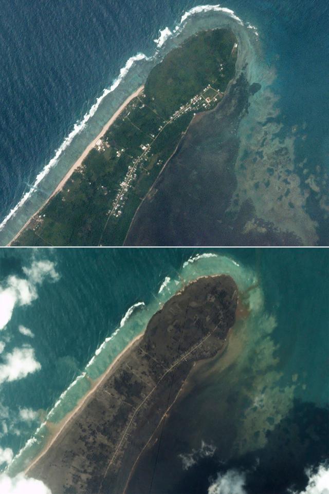 플래닛랩스 PBC가 제공한 위성사진. 해저화산이 폭발 하기 전인 2021년 12월 29일 멀쩡하던 통가타푸섬 카노쿠폴루의 해안가 주택과 건물들(위)이 화산 분화 후인 1월 18일 온통 화산재로 뒤덮여 있다. 플래닛랩스 PBC 제공. AP 연합뉴스