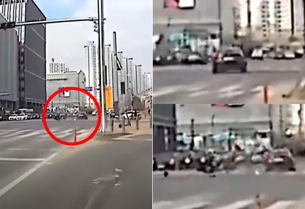 지난 8일 충남 아산 한 4차선 도로에서 발생한 사고 현장(빨간 원 안). 오른쪽 사진은 신호위반 차량이 A씨 오토바이를 들이받는 순간(위)과 직후 모습(아래)이다. /유튜브 한문철TV