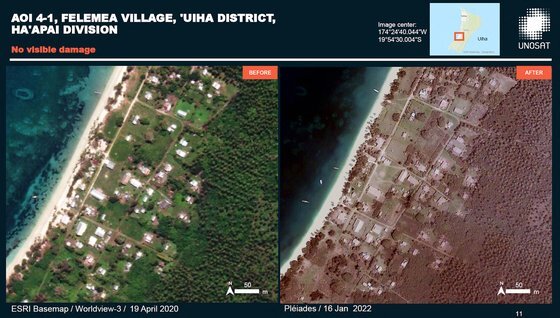 국제연합훈련연구기구(UNITAR)가 공개한 위성사진. 2020년 4월 19일 통가 모습(왼쪽)과 2022년 1월 16일(오른쪽) 모습. 화산재로 흑백사진이 됐다.  [AFP=연합뉴스]