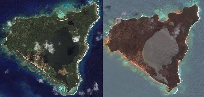 지난 2020년 8월 17일 촬영된 노무카 섬과 지난 20일 촬영된 같은 섬의 모습. 사진=맥사 테크놀로지