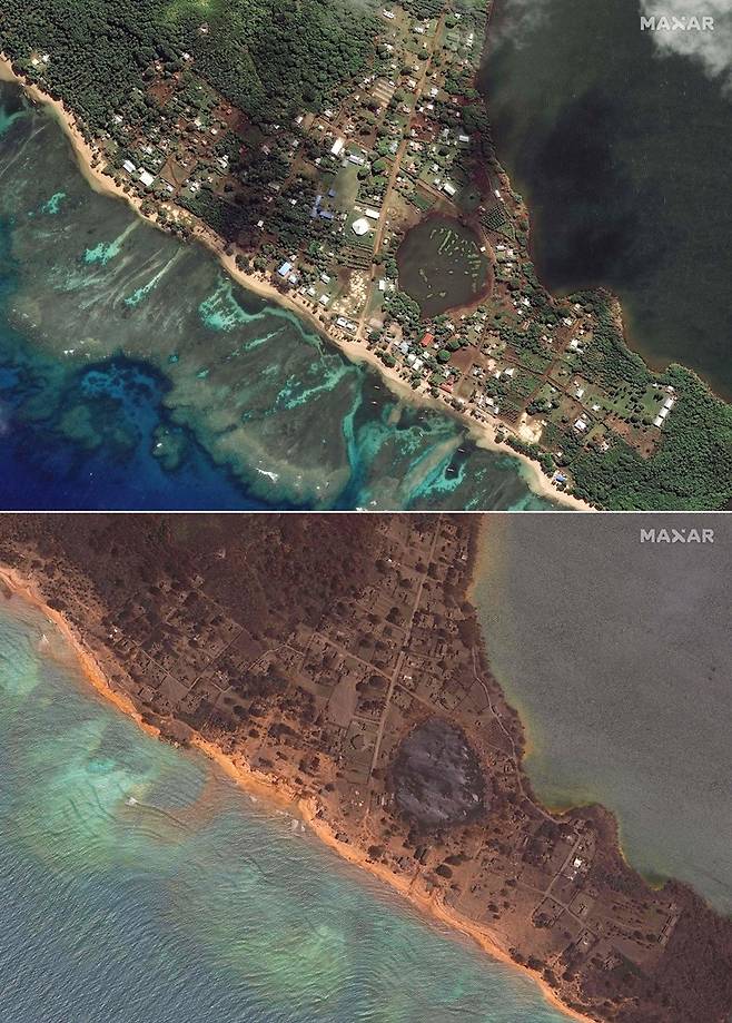 지난 2020년 8월 17일 촬영된 노무카 섬과 지난 20일 촬영된 같은 섬의 모습