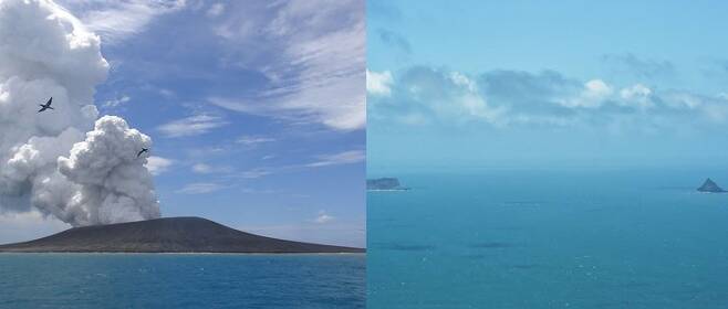 지난 2015년 훙가 통가-훙가 하파이 섬의 모습과 최근 뉴질랜드 국방부가 촬영한 섬의 모습. 사진=AFP 연합뉴스