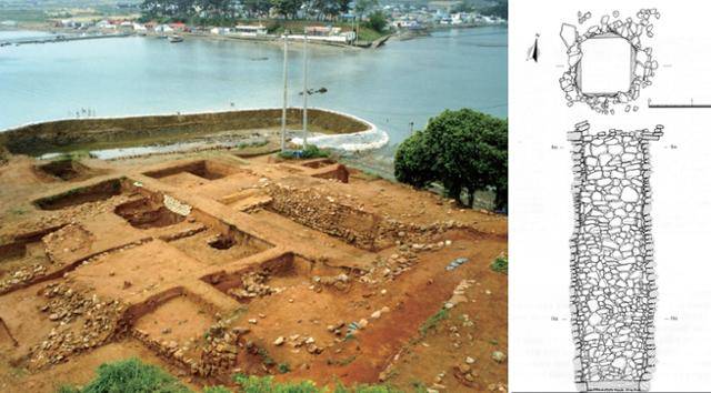 장도 발굴 모습. 흰색 타원형 둑 안에 통나무열 유구가 남아 있다. 오른쪽은 장도 우물 실측단면도. 깊이 6미터가량으로 아랫쪽은 방형이다. 해무리굽 청자와 돼지뼈를 포함해 동물뼈 등이 출토됐다.